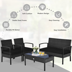 4 Pieces Patio Rattan Cushioned Furniture Set-Black view 8