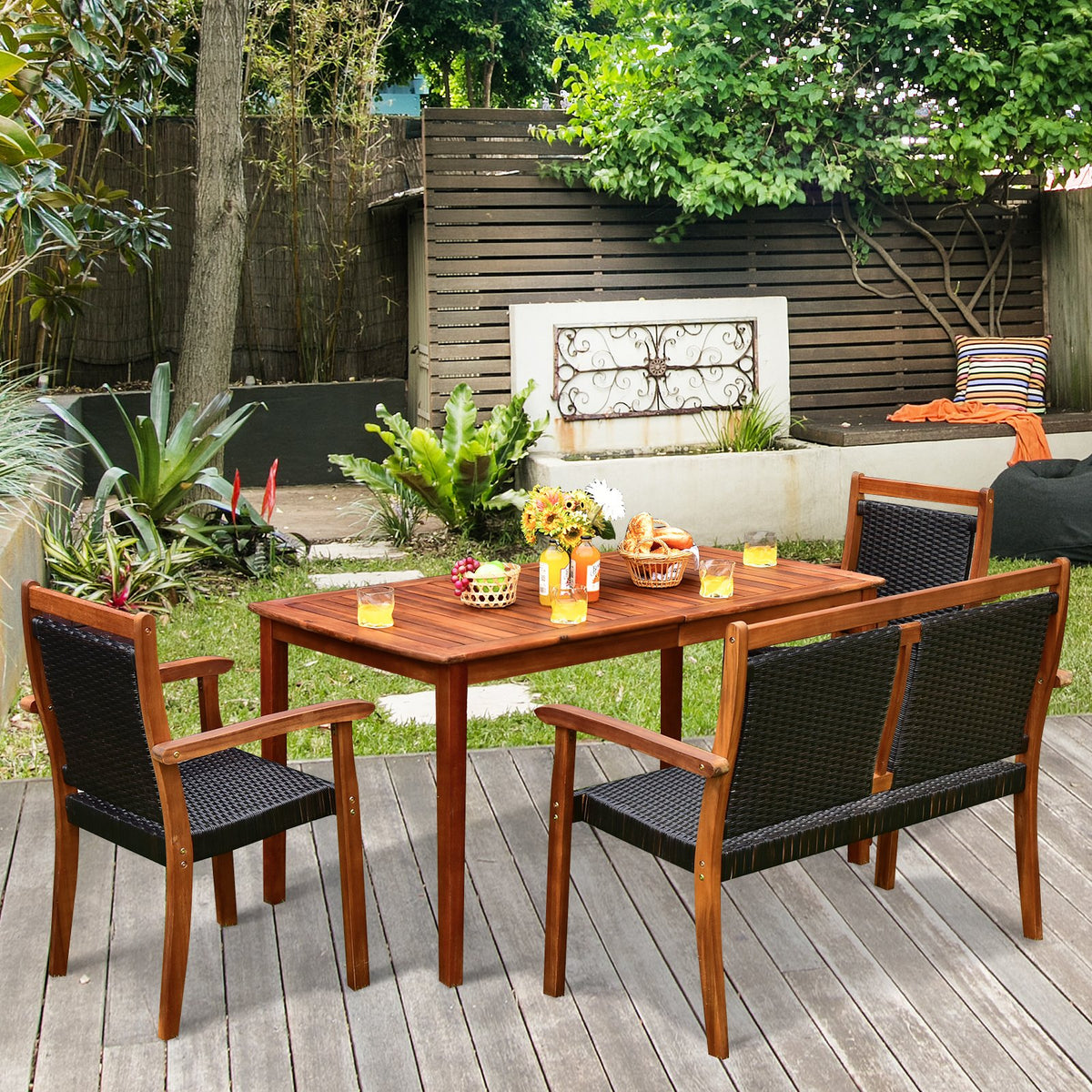 4 Pieces Acacia Wood Patio Rattan Dining Furniture Set view 2