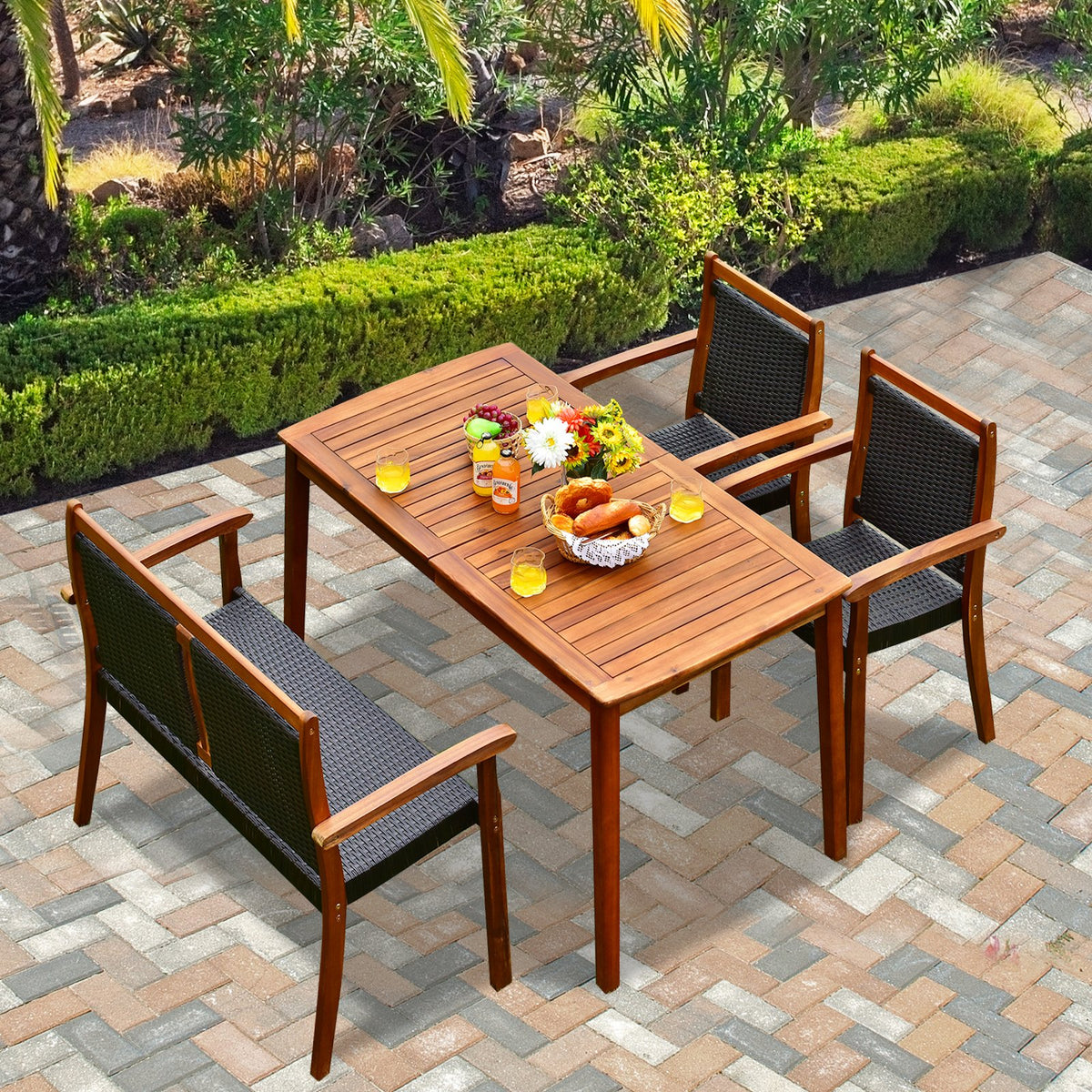 4 Pieces Acacia Wood Patio Rattan Dining Furniture Set view 3