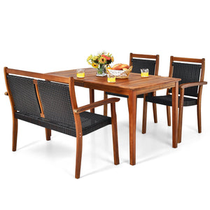 4 Pieces Acacia Wood Patio Rattan Dining Furniture Set view 4