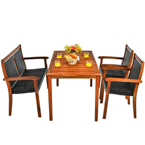 4 Pieces Acacia Wood Patio Rattan Dining Furniture Set view 6