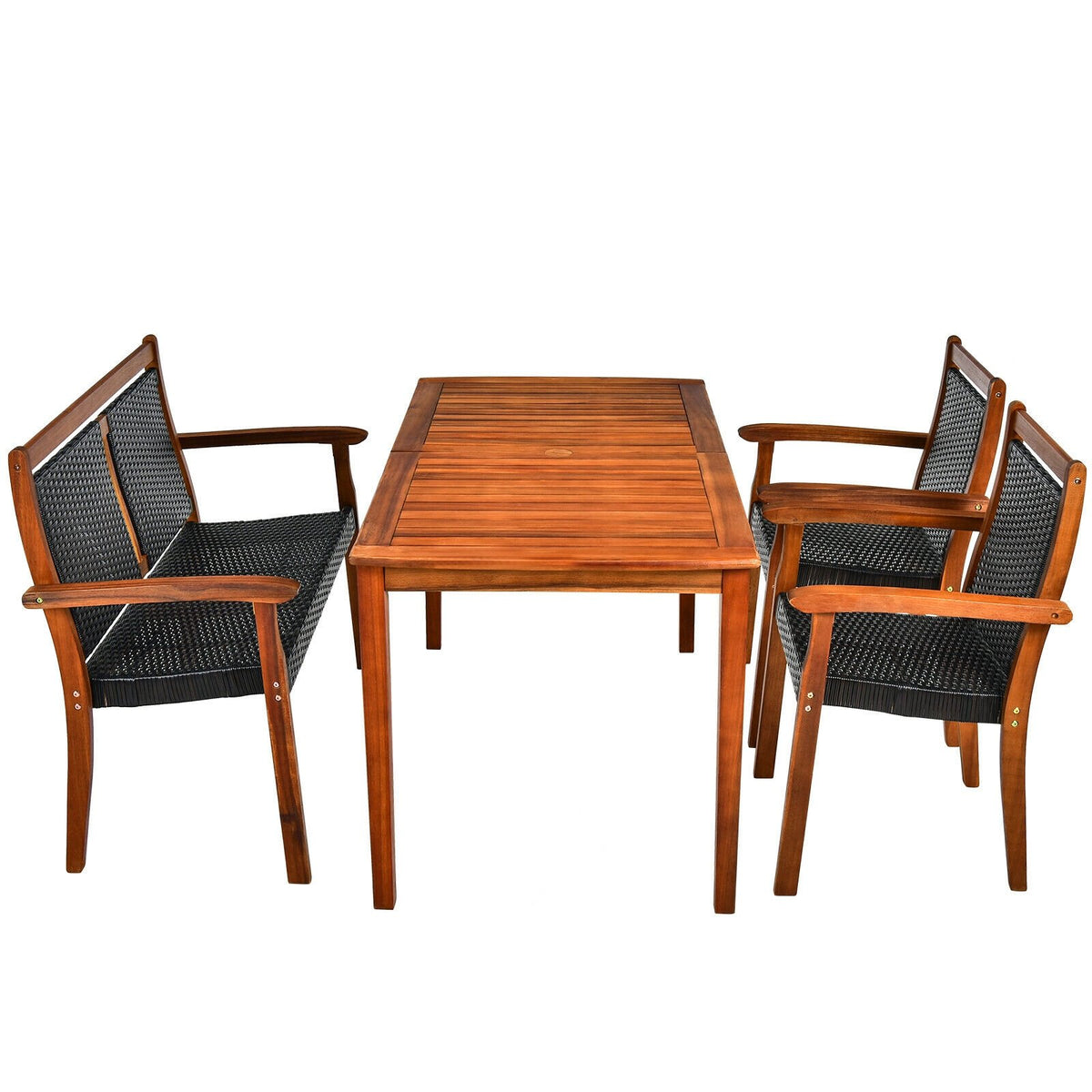 4 Pieces Acacia Wood Patio Rattan Dining Furniture Set view 7
