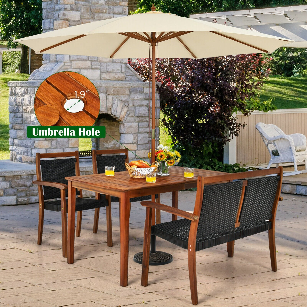 4 Pieces Acacia Wood Patio Rattan Dining Furniture Set view 8