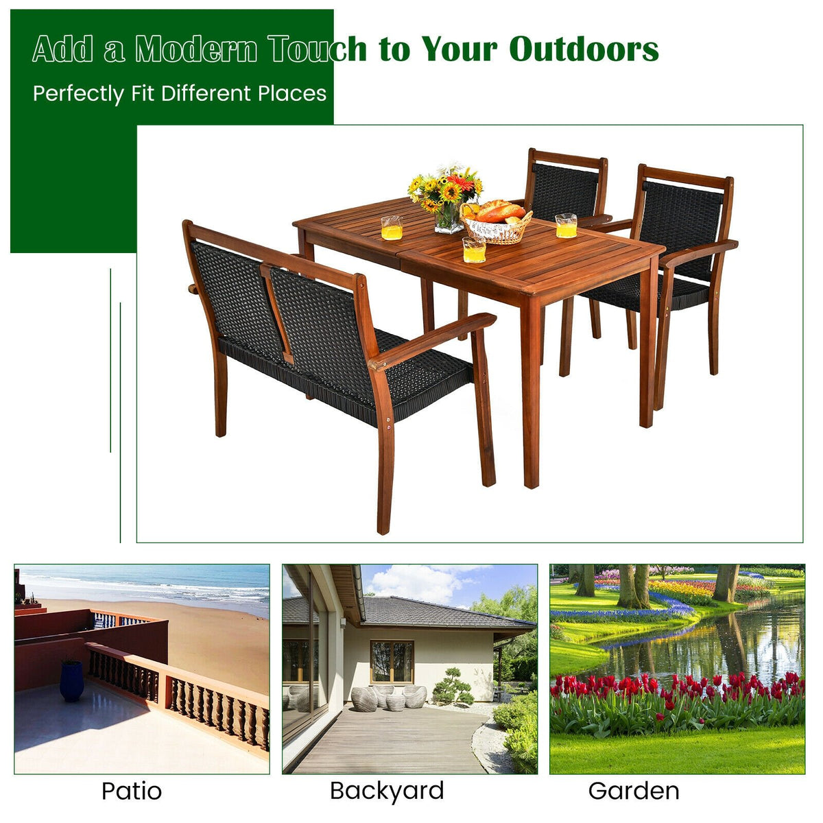 4 Pieces Acacia Wood Patio Rattan Dining Furniture Set view 9