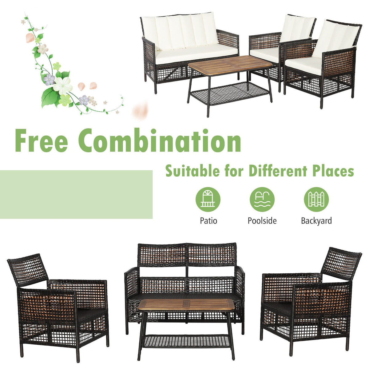 4 Pieces Patio Rattan Furniture Set with 2-Tier Coffee Table-White view 3