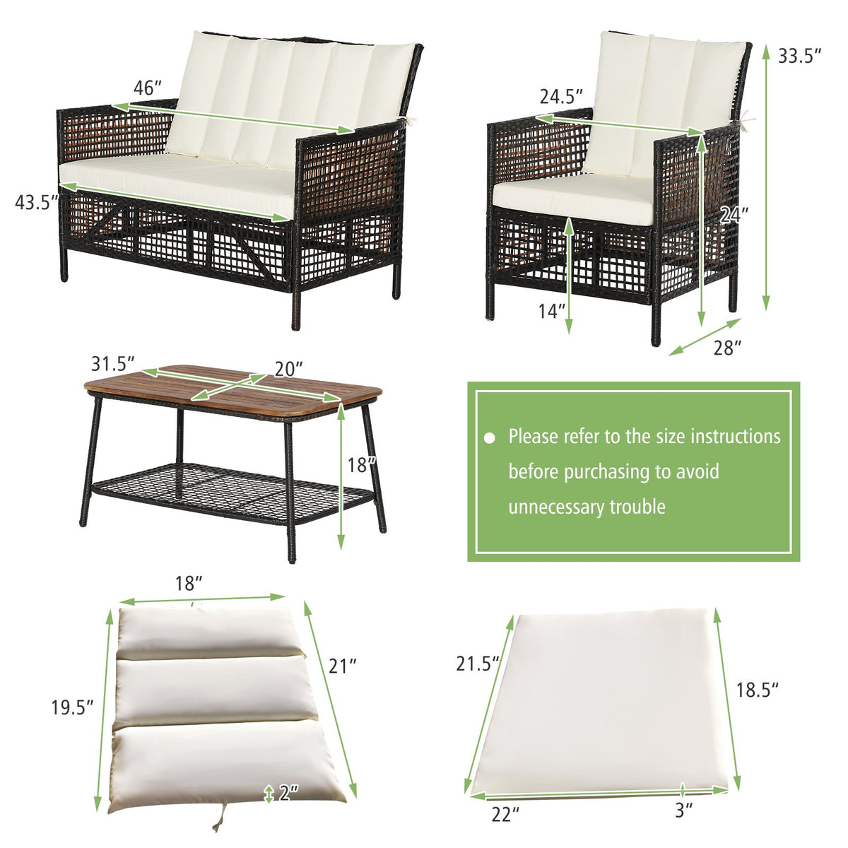 4 Pieces Patio Rattan Furniture Set with 2-Tier Coffee Table-White view 4