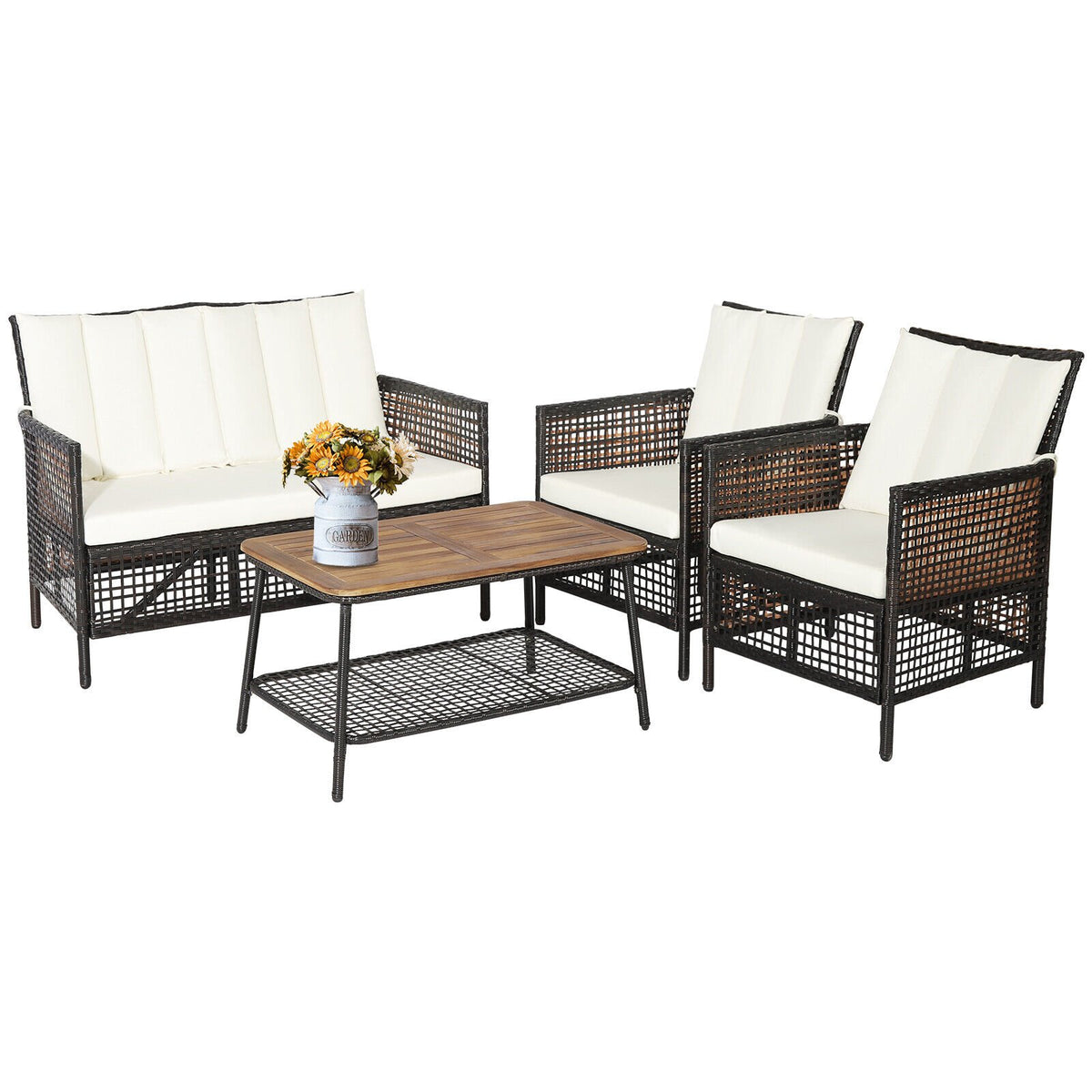 4 Pieces Patio Rattan Furniture Set with 2-Tier Coffee Table-White view 7