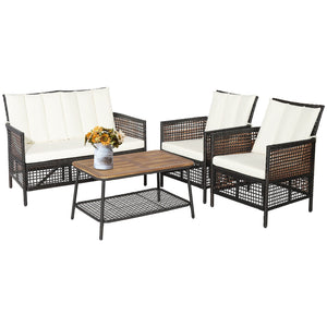 4 Pieces Patio Rattan Furniture Set with 2-Tier Coffee Table-White view 7