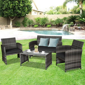 4 Pieces Patio Rattan Furniture Set with Glass Table and Loveseat-Black view 2