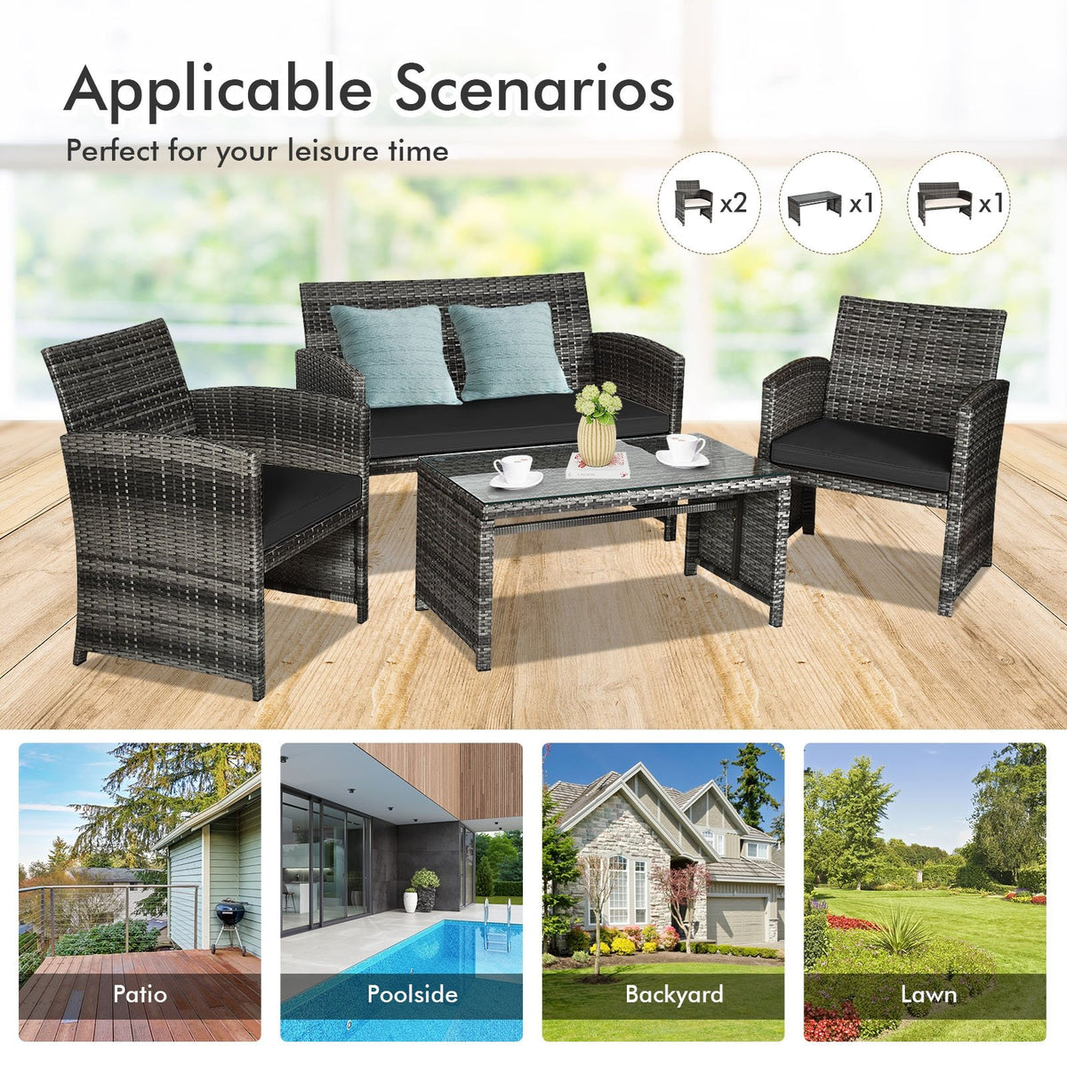 4 Pieces Patio Rattan Furniture Set with Glass Table and Loveseat-Black view 3