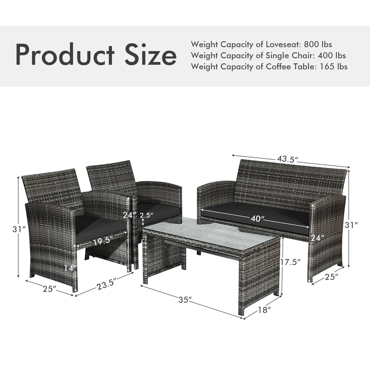 4 Pieces Patio Rattan Furniture Set with Glass Table and Loveseat-Black view 4