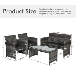 4 Pieces Patio Rattan Furniture Set with Glass Table and Loveseat-Black view 4