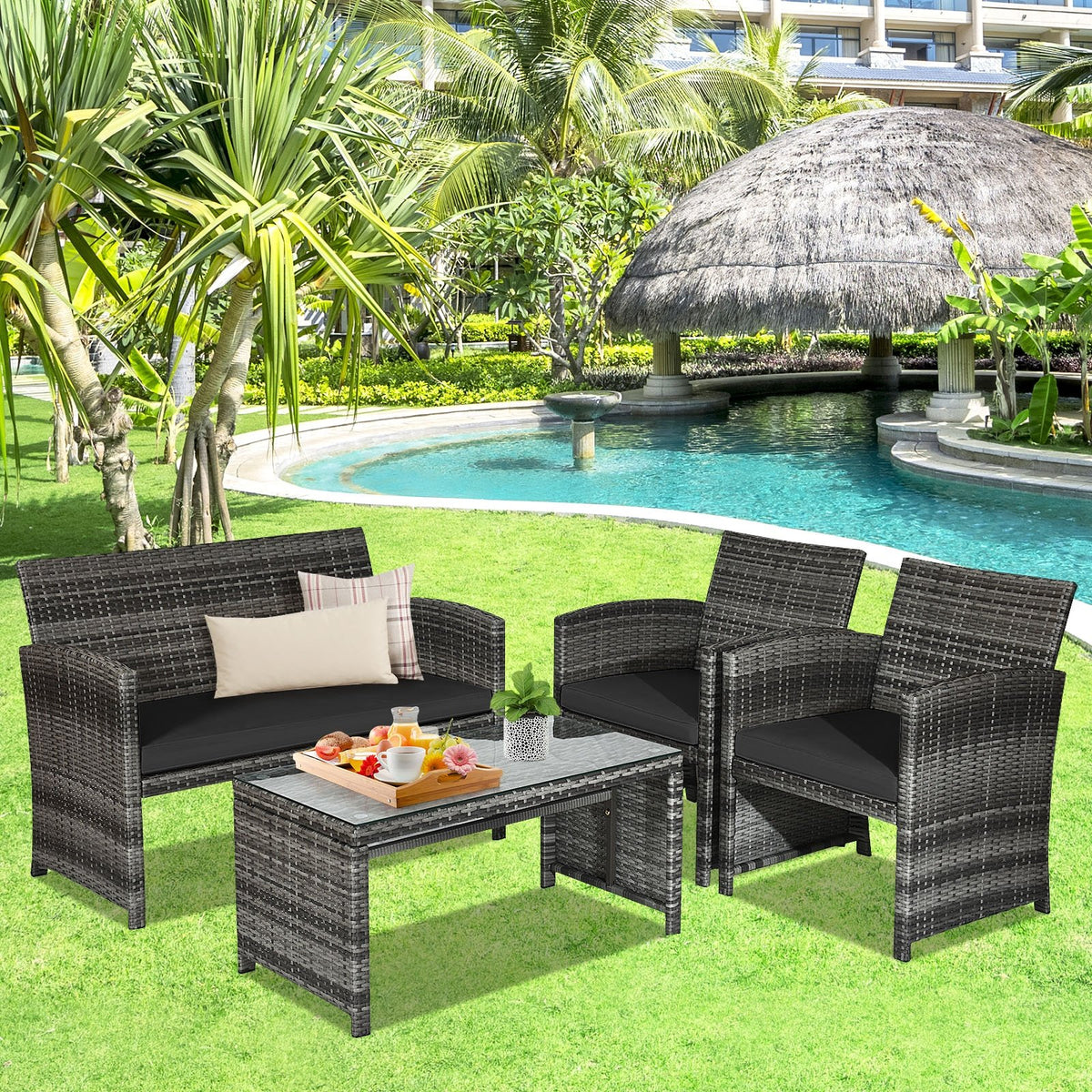 4 Pieces Patio Rattan Furniture Set with Glass Table and Loveseat-Black view 6