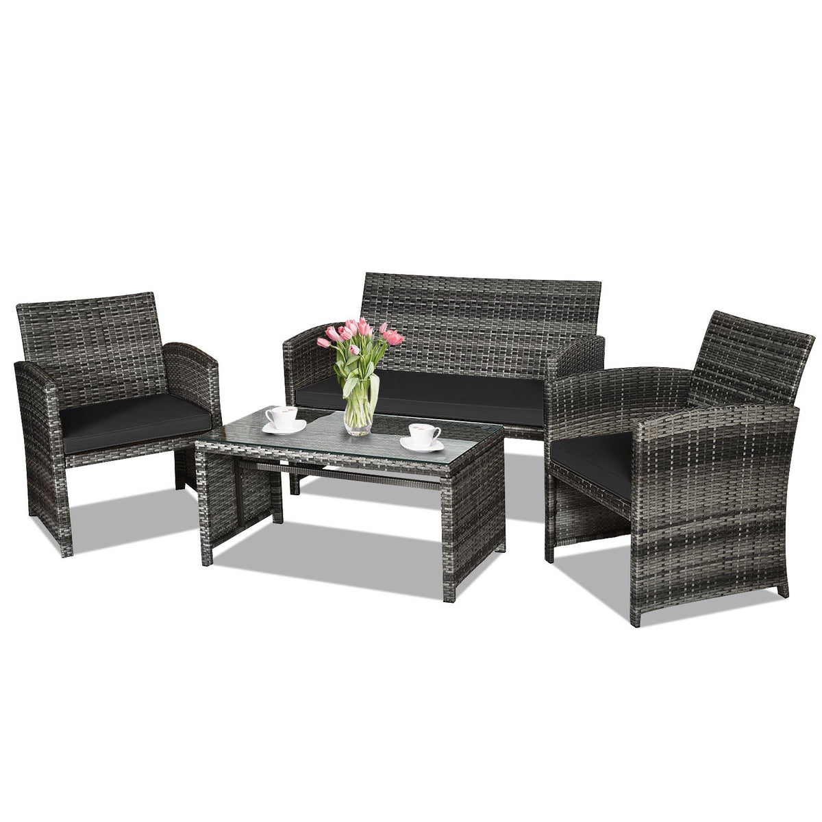 4 Pieces Patio Rattan Furniture Set with Glass Table and Loveseat-Black view 7