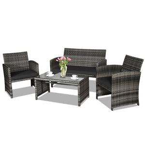 4 Pieces Patio Rattan Furniture Set with Glass Table and Loveseat-Black view 7