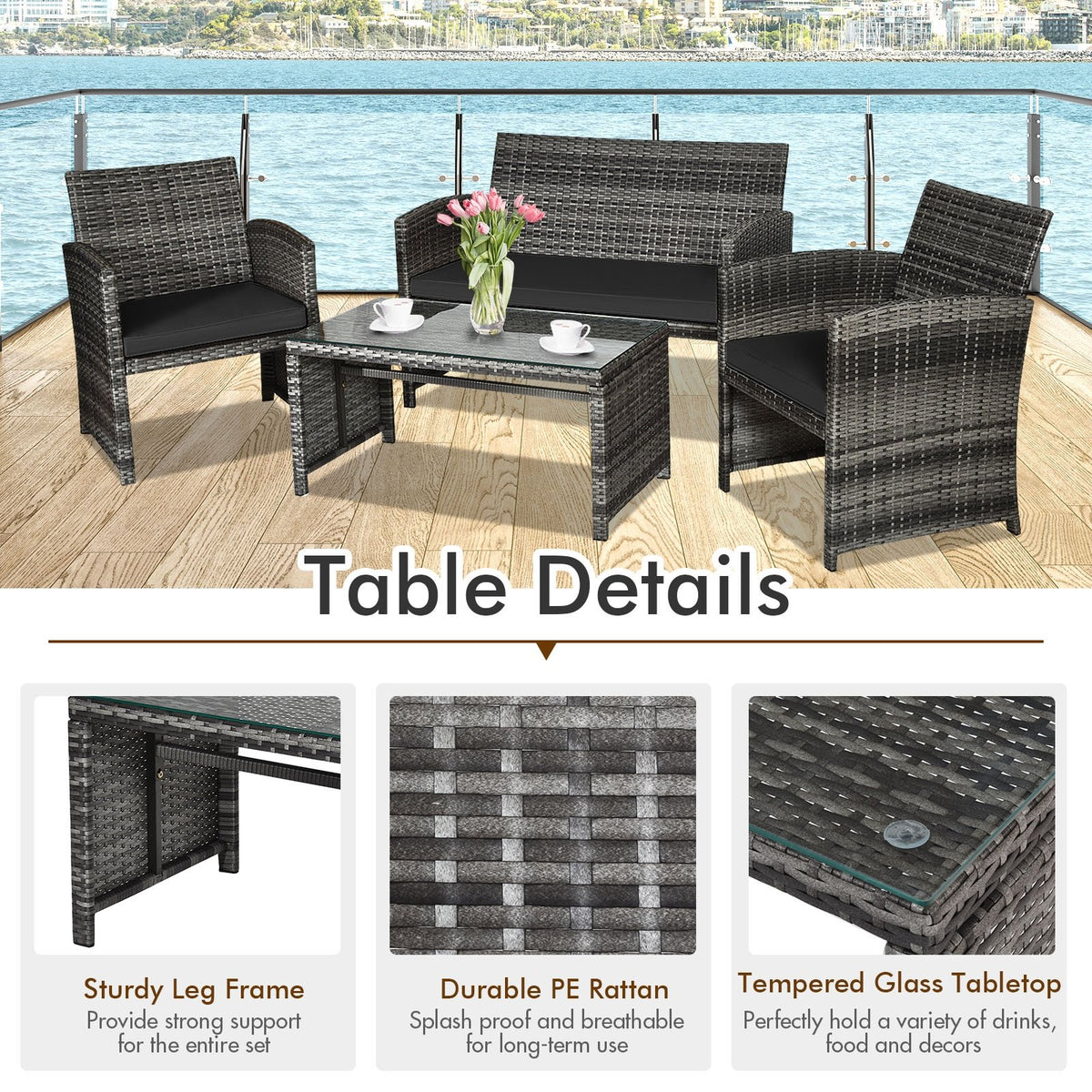 4 Pieces Patio Rattan Furniture Set with Glass Table and Loveseat-Black view 9