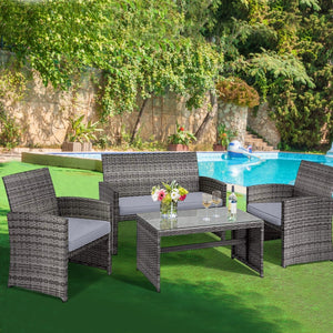 4 Pieces Patio Rattan Furniture Set with Glass Table and Loveseat-Gray view 2