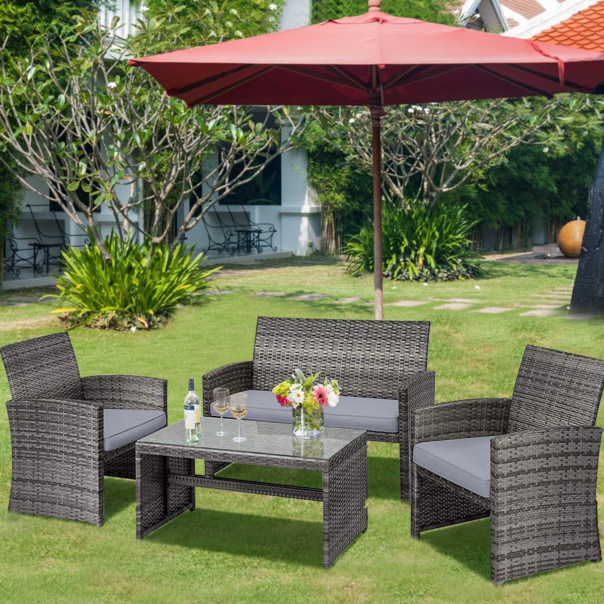 4 Pieces Patio Rattan Furniture Set with Glass Table and Loveseat-Gray view 3