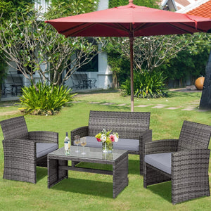 4 Pieces Patio Rattan Furniture Set with Glass Table and Loveseat-Gray view 3