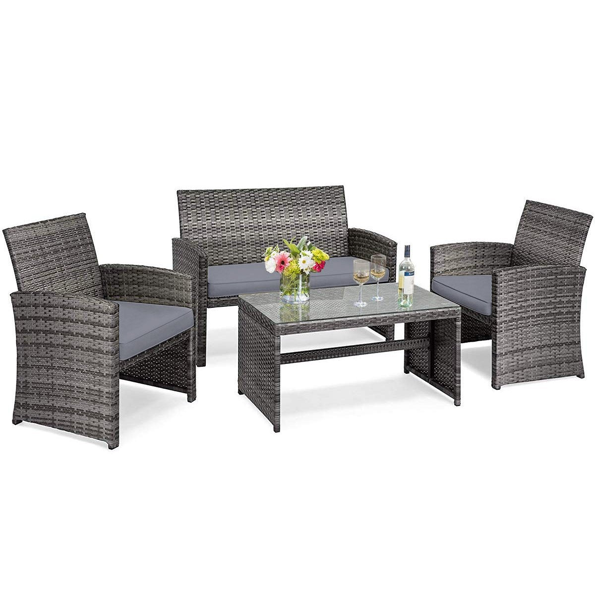 4 Pieces Patio Rattan Furniture Set with Glass Table and Loveseat-Gray view 4