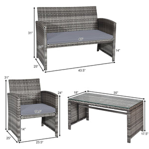 4 Pieces Patio Rattan Furniture Set with Glass Table and Loveseat-Gray view 5