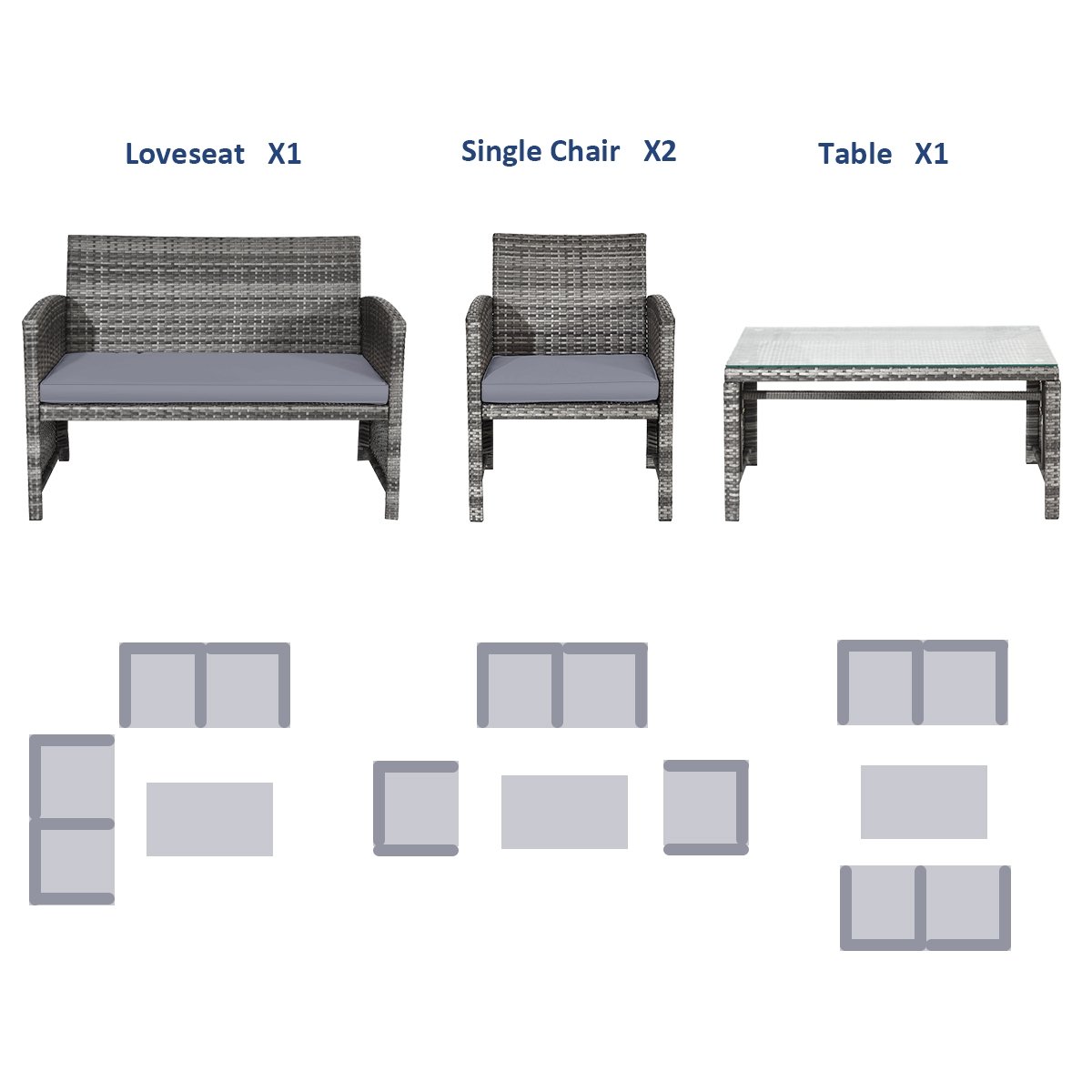 4 Pieces Patio Rattan Furniture Set with Glass Table and Loveseat-Gray view 6