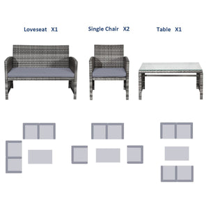 4 Pieces Patio Rattan Furniture Set with Glass Table and Loveseat-Gray view 6