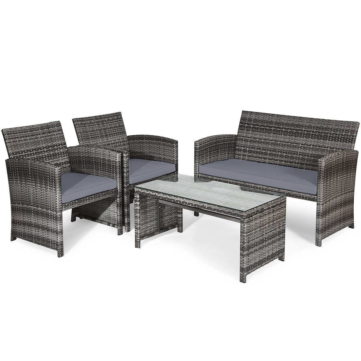 4 Pieces Patio Rattan Furniture Set with Glass Table and Loveseat-Gray view 7