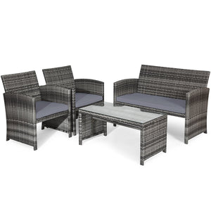 4 Pieces Patio Rattan Furniture Set with Glass Table and Loveseat-Gray view 7