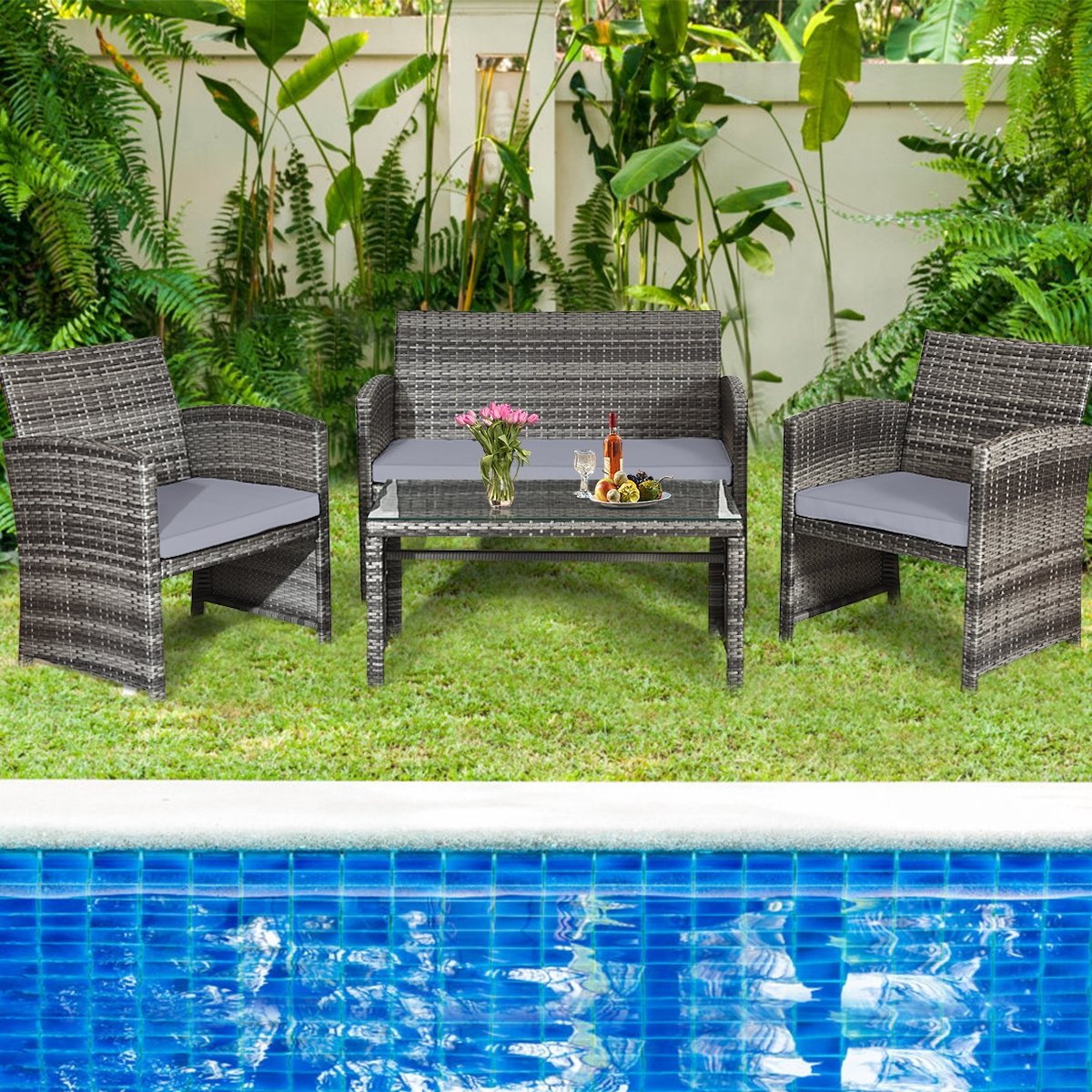 4 Pieces Patio Rattan Furniture Set with Glass Table and Loveseat-Gray view 8