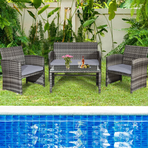 4 Pieces Patio Rattan Furniture Set with Glass Table and Loveseat-Gray view 8