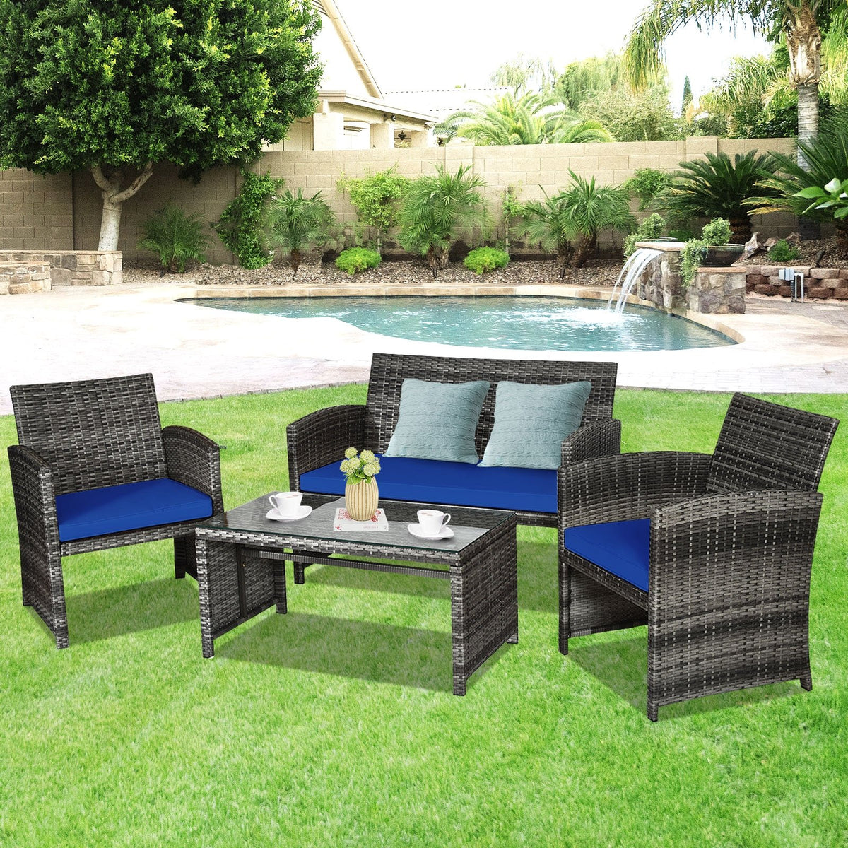 4 Pieces Patio Rattan Furniture Set with Glass Table and Loveseat-Navy view 2