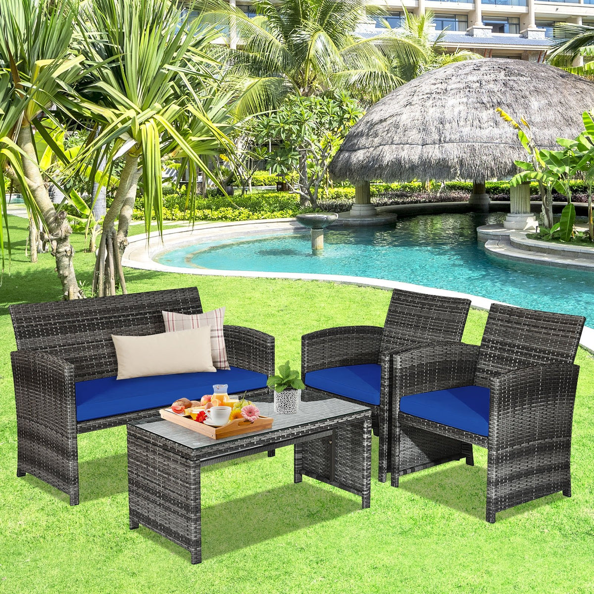 4 Pieces Patio Rattan Furniture Set with Glass Table and Loveseat-Navy view 3