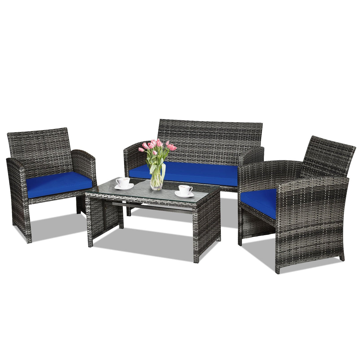 4 Pieces Patio Rattan Furniture Set with Glass Table and Loveseat-Navy view 4