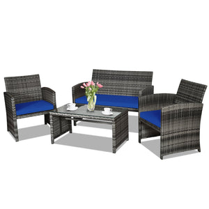 4 Pieces Patio Rattan Furniture Set with Glass Table and Loveseat-Navy view 4