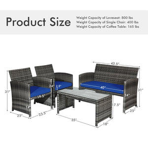 4 Pieces Patio Rattan Furniture Set with Glass Table and Loveseat-Navy view 5