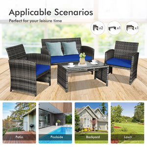4 Pieces Patio Rattan Furniture Set with Glass Table and Loveseat-Navy view 6