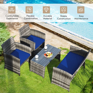 4 Pieces Patio Rattan Furniture Set with Glass Table and Loveseat-Navy view 7