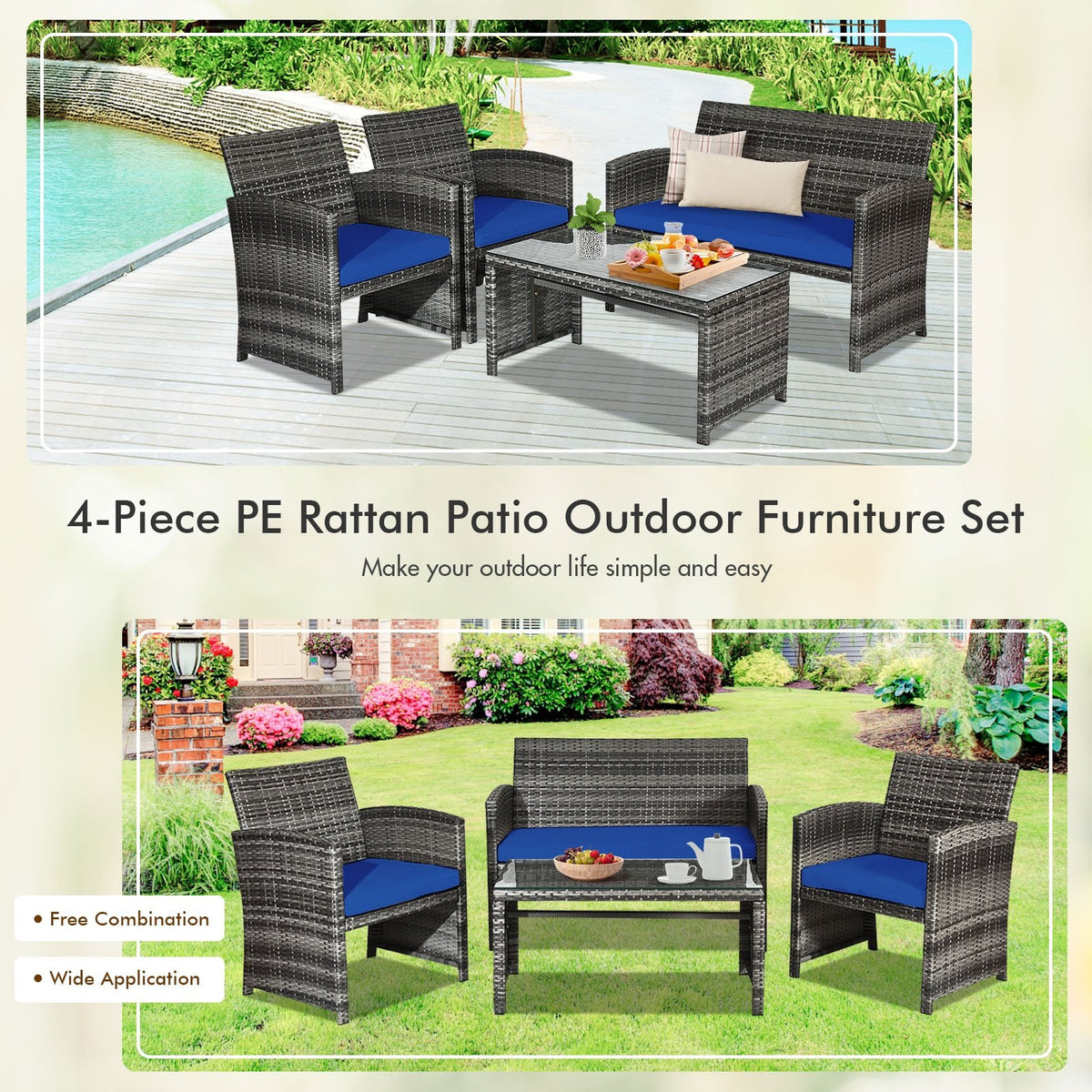 4 Pieces Patio Rattan Furniture Set with Glass Table and Loveseat-Navy view 8