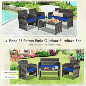 4 Pieces Patio Rattan Furniture Set with Glass Table and Loveseat-Navy view 8