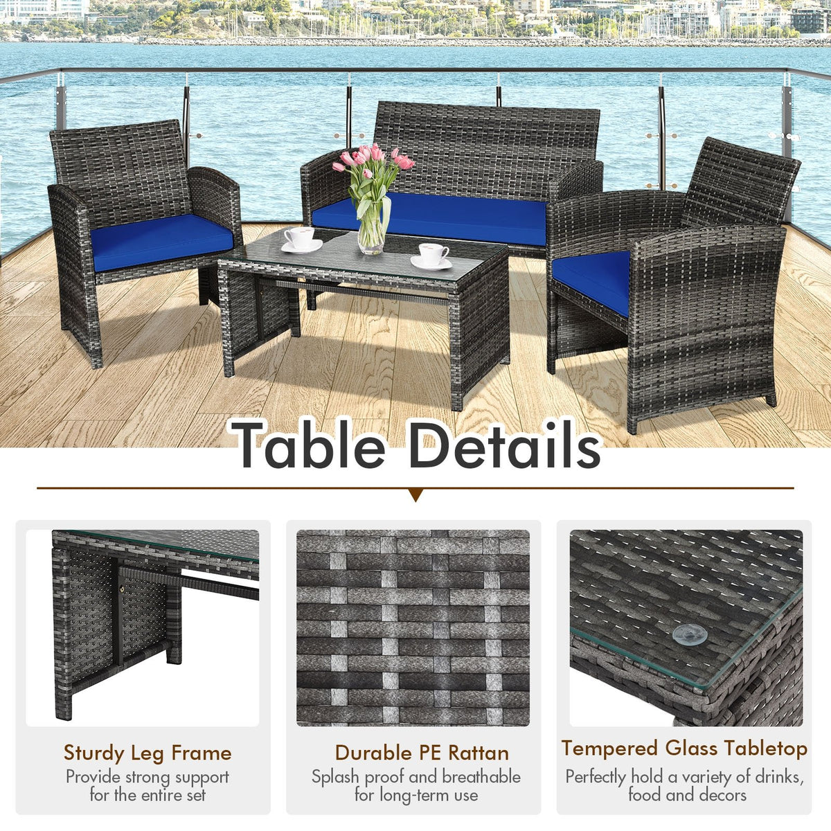 4 Pieces Patio Rattan Furniture Set with Glass Table and Loveseat-Navy view 9