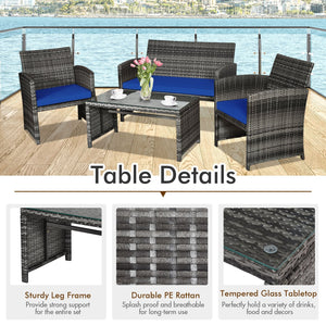 4 Pieces Patio Rattan Furniture Set with Glass Table and Loveseat-Navy view 9