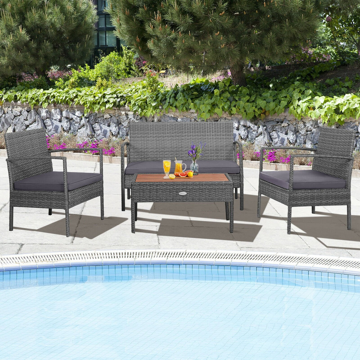 4 Pieces Rattan Patio Conversation Furniture Set with Acacia Wood Tabletop view 2