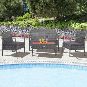 4 Pieces Rattan Patio Conversation Furniture Set with Acacia Wood Tabletop view 2