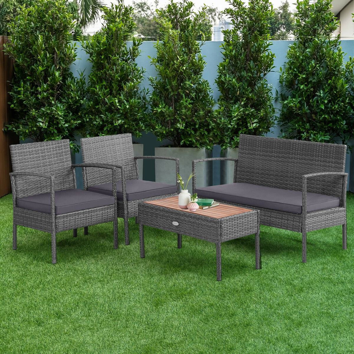 4 Pieces Rattan Patio Conversation Furniture Set with Acacia Wood Tabletop view 3