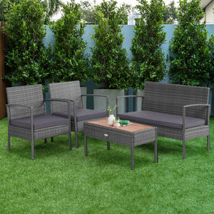 4 Pieces Rattan Patio Conversation Furniture Set with Acacia Wood Tabletop view 3