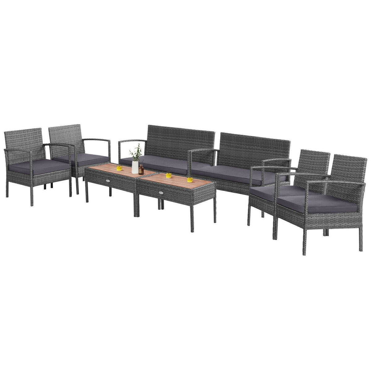 4 Pieces Rattan Patio Conversation Furniture Set with Acacia Wood Tabletop view 4