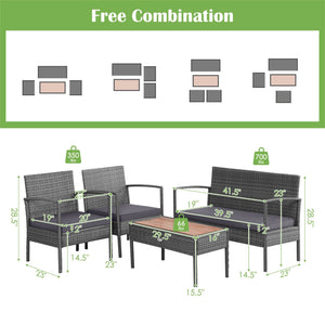 4 Pieces Rattan Patio Conversation Furniture Set with Acacia Wood Tabletop view 5