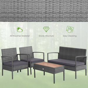 4 Pieces Rattan Patio Conversation Furniture Set with Acacia Wood Tabletop view 6