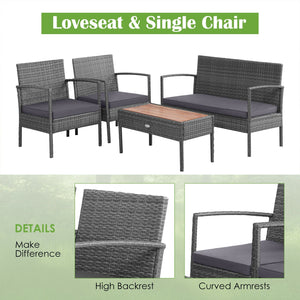 4 Pieces Rattan Patio Conversation Furniture Set with Acacia Wood Tabletop view 7